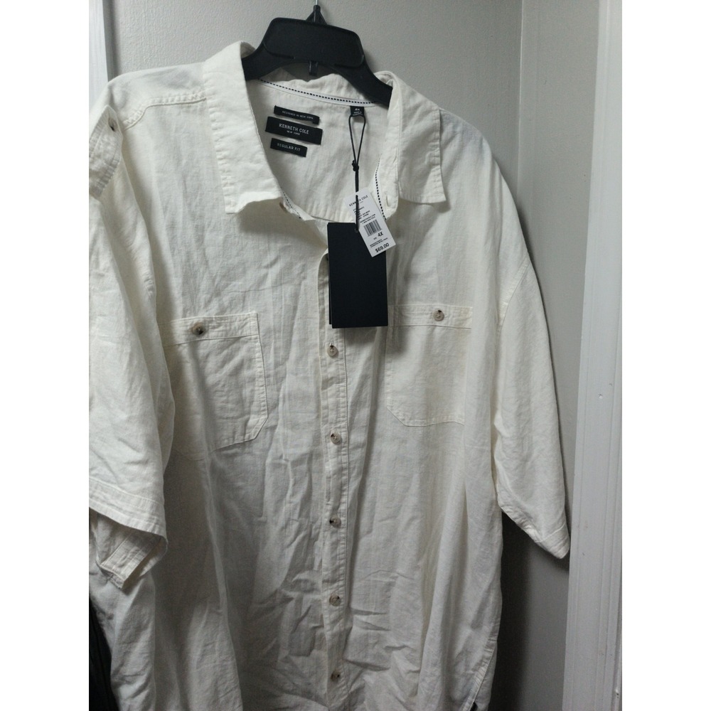 Kenneth Cole Regular Fit 4X Linen Blend Shirt White Short Sleeve Button Down New